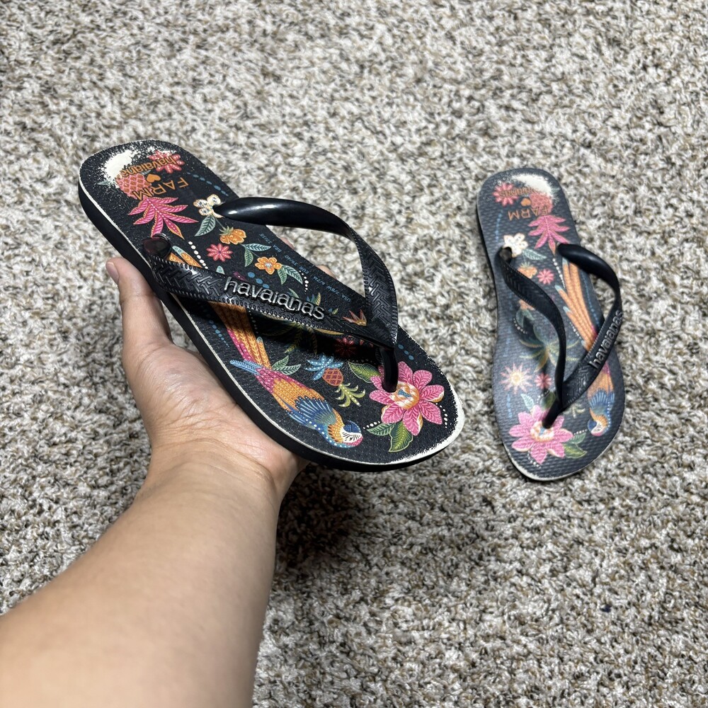 Havaianas X Farm Rio Flip Flops Black Parrots Tropical Beach Summer Womens 7/8